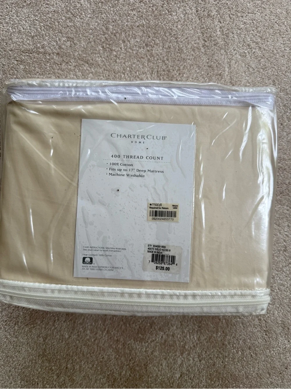 Charter Club King 400-Thread Cotton Sheet Set in Ivory